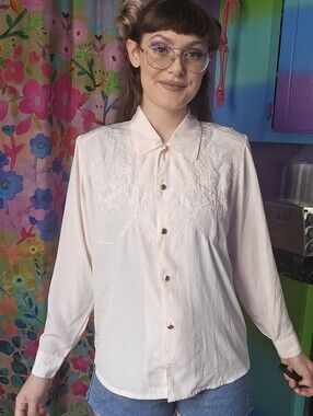 Vintage Carousel Horse Kidcore Embroidered White Button Up Shirt